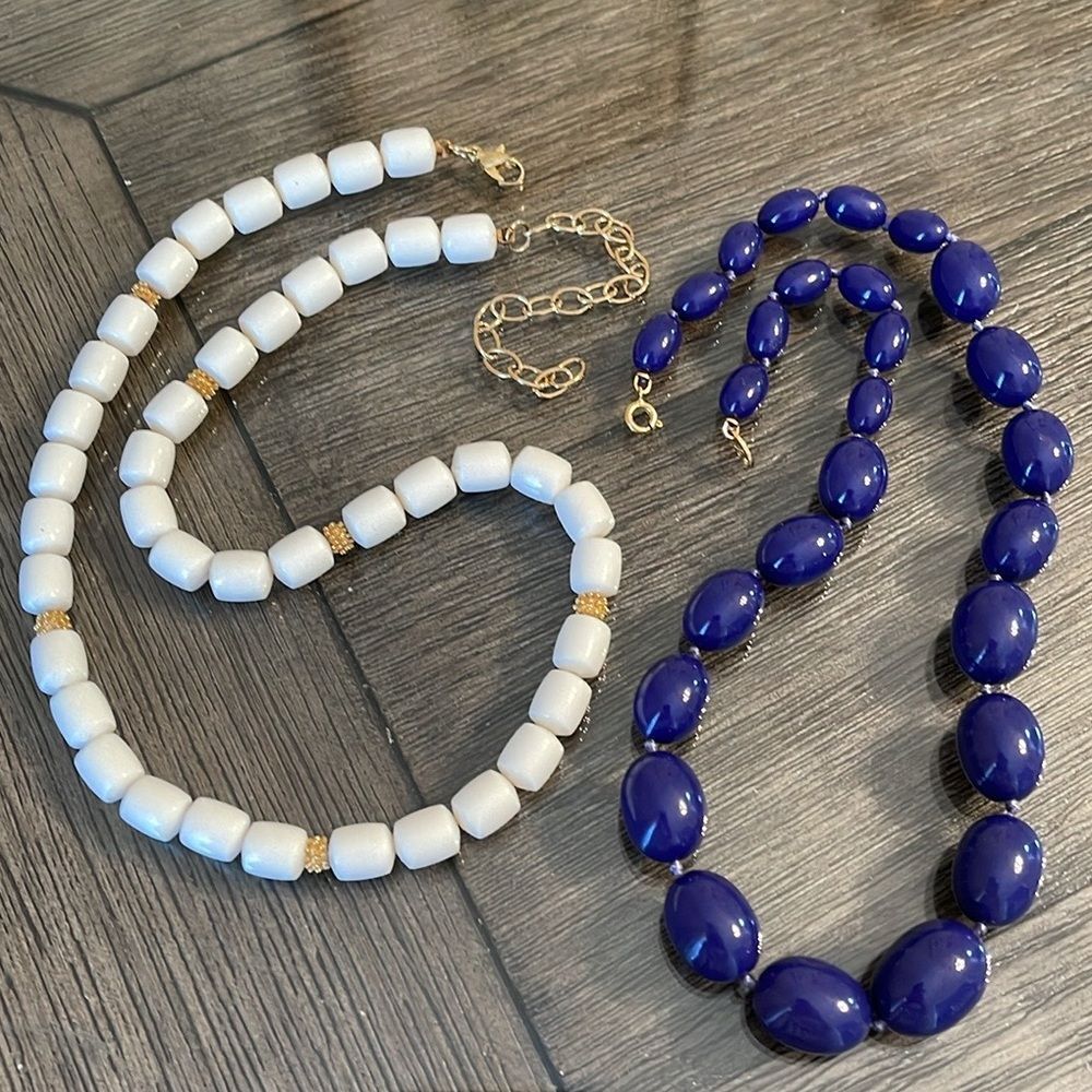 Vintage White Barrel Acrylic Bead Necklace & Blue Beaded Necklace